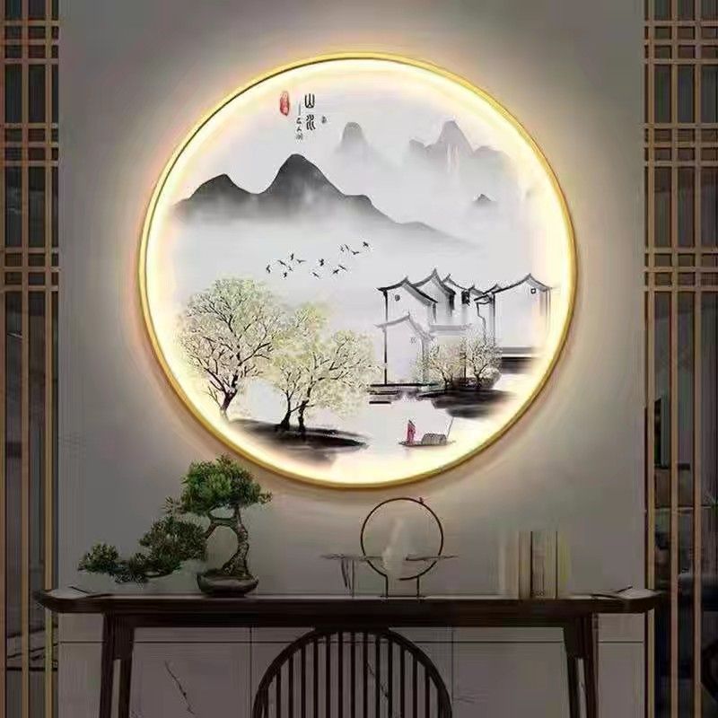 新中式LED灯圆形玄关装饰画卧室走廊养生日常挂画铝合金边框质感