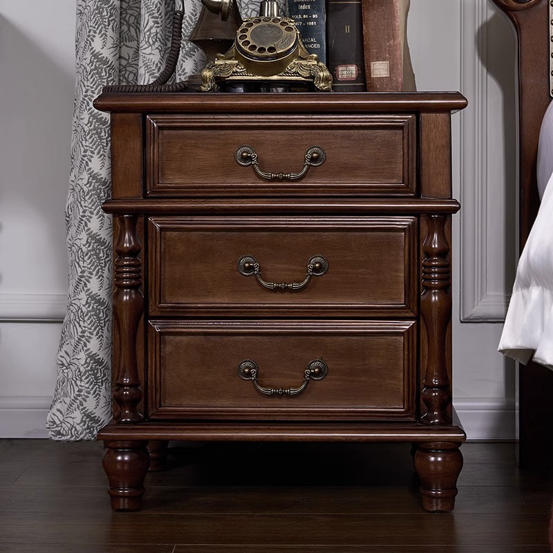 American Style Country Full Solid Wood Bedside Table Three Smoke Simple Retro Furniture Mahogany Classic Master Bedside Cabinet