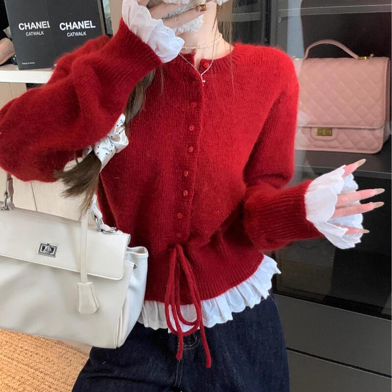 Early Spring New Sweet Lace Stitching Lace Long-sleeved Knitted Sweater Women's Round Neck Lace-up Waisted Knitted Cardigan Top