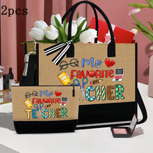 temu新款亚麻拼接女士手提包女包欧美爆款撞色子母两件套图案定制