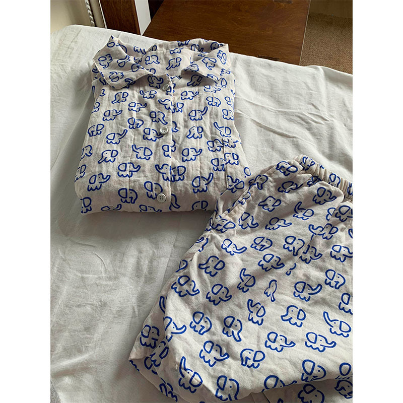 Soft and Cute Lines, Little Elephant Short-Sleeved Pajamas for Women, New Summer Style Loose Cardigan Shorts, Home Clothes Two-Piece Set Soft and Cute Lines, Little Elephant Short-Sleeved Pajamas for Women, New Summer Style Loose Cardigan Shorts, Home Clothes Two-Piece Set