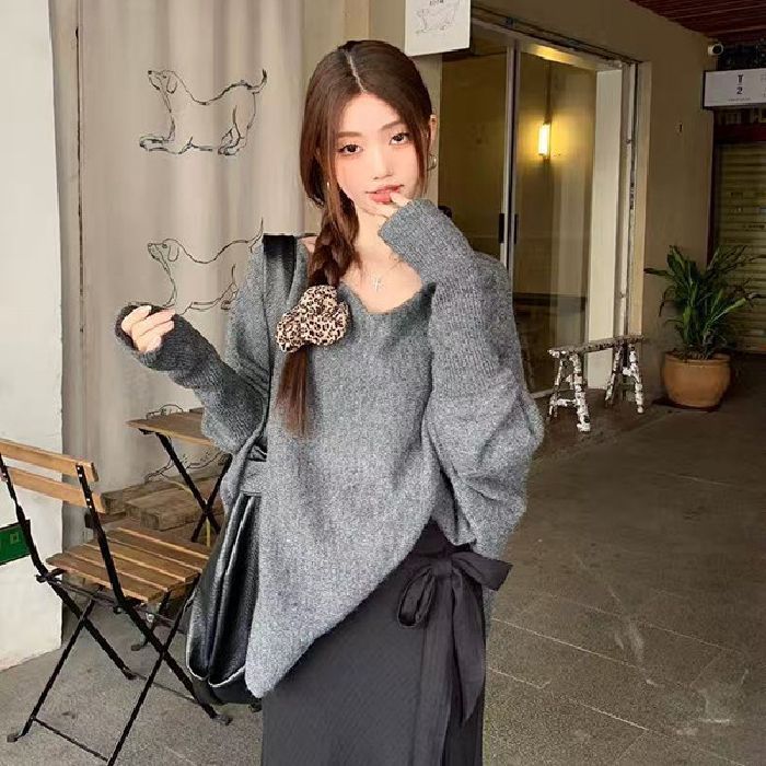 新品亚马逊欧美温柔风氛围感蝙蝠袖针织毛衣女韩版慵懒不规则上衣|undefined