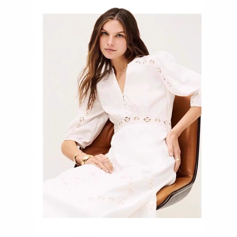 Ba Women's Clothing Store Same Style 2025 Early Summer New French Style Elegant Embroidered Midi Tight Waist Cotton Dating dress