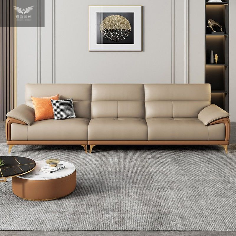 Nuevo sofá de cuero completo sala de estar simple y lujoso moderno de cuero de vaca línea recta de estilo de casa pequeña minimalista italiana