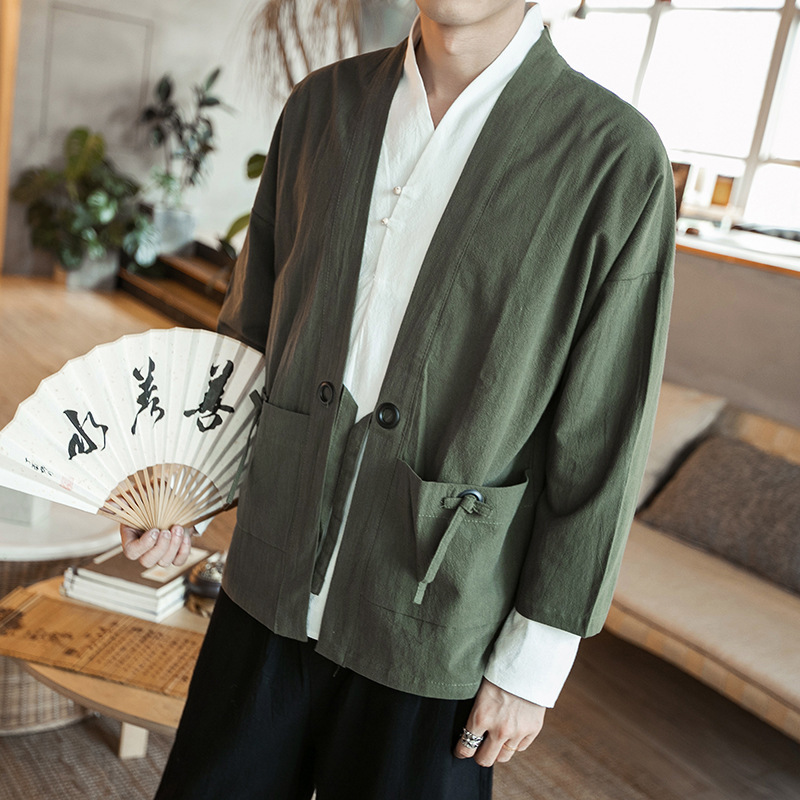 Chaqueta de punto con hebilla de disco retro Hanfu de estilo chino para hombres de estilo antiguo Chaqueta suelta de manga tres cuartos de gran tamaño