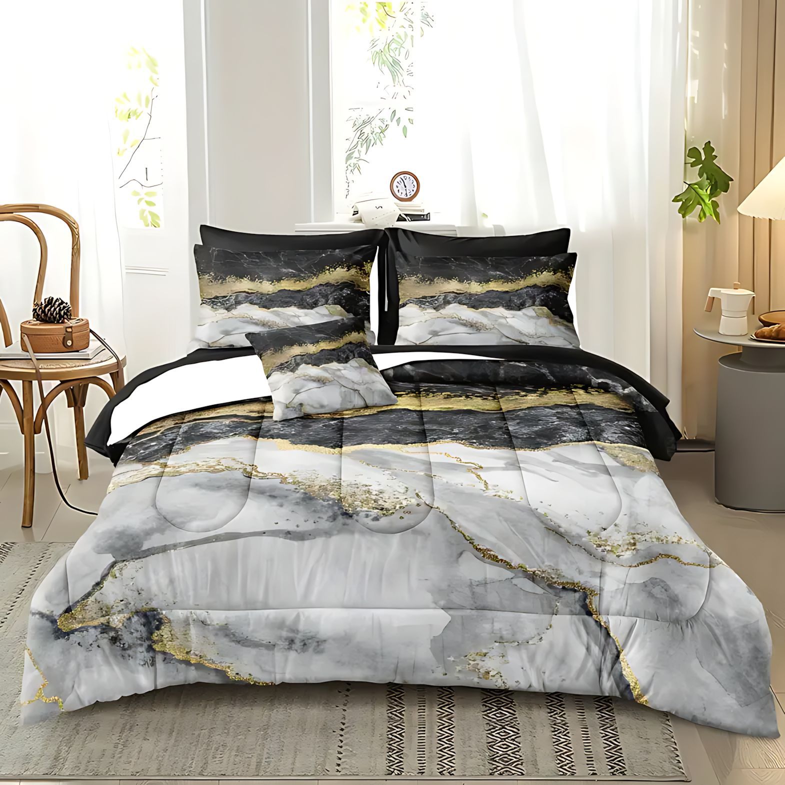 TEMU / JIT transfronterizo textil doméstico negro oro movimiento arena impresión digital 3D 180gms colcha colcha almohada set fuente fabricante