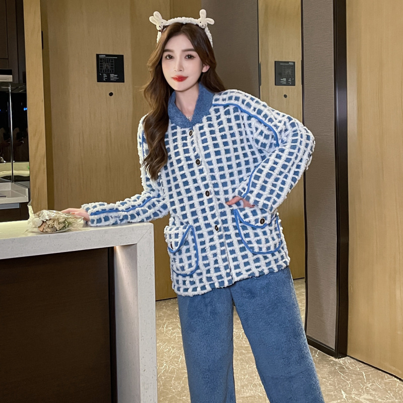 Alto grado Plaid azul pijamas de las mujeres Otoño e Invierno franela cardigan engrosada felpa traje ropa de abrigo homewear