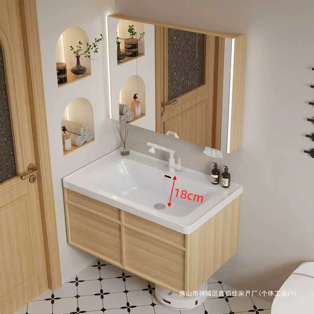 原木风日式新款陶瓷一体洗脸盆带抽屉加深18cm多层实木浴室柜组合