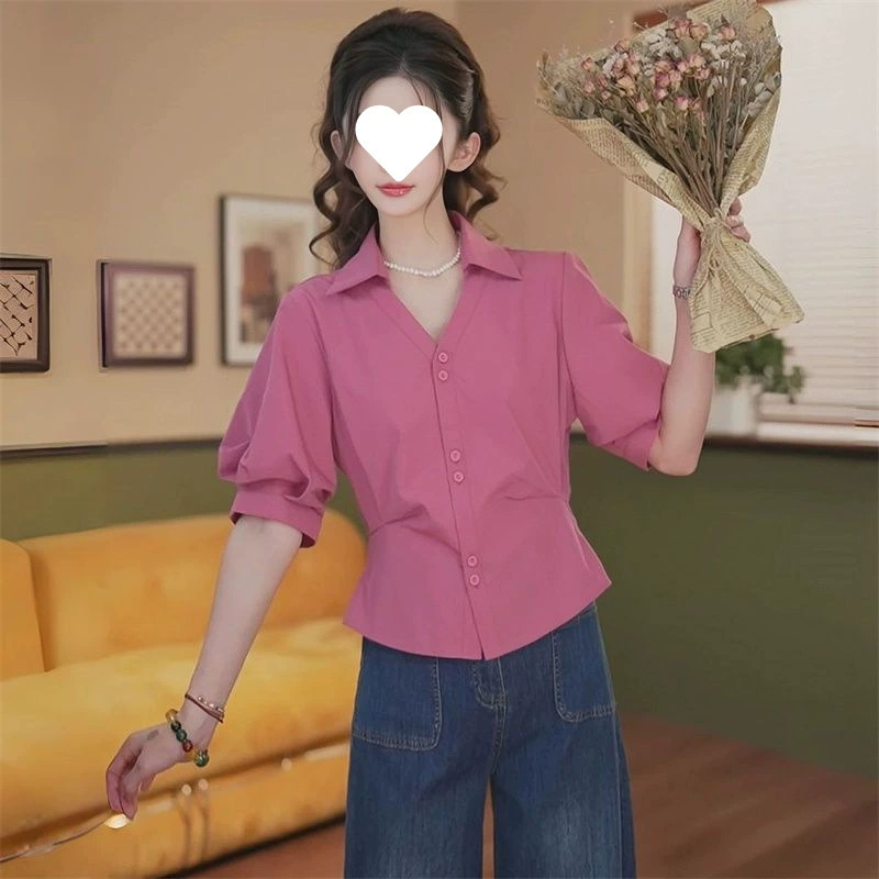 Женская рубашка с короткими рукавами во французском стиле, летний гонконгский ретро-дизайн, нишевая рюшами на талии, универсальный топ для похудения.