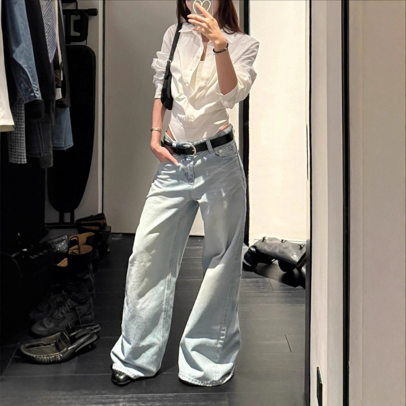 Sunoneoe American Retro Light Blue Jeans Women's Summer and Autumn New Style Distressed Loose Straight Casual Pants