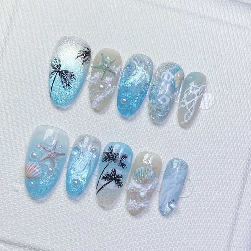 新跨境欧美夏日热销蓝色大海穿戴甲猫眼nails美甲贴片带钻成品ins|undefined