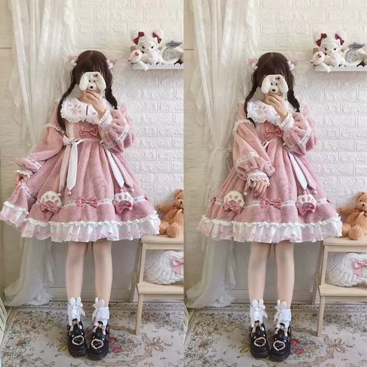 Длинное платье с длинным рукавом, бархат, стиль Lolita, утолщённое тёплое