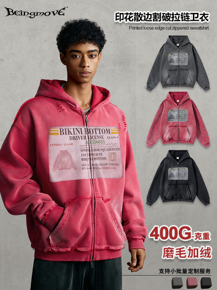Calle secada| 2025 otoño y invierno marca de moda americana hace la vieja impresión lavada con agua sudadera con capuchina cardigan chaqueta con cremallera para hombre
