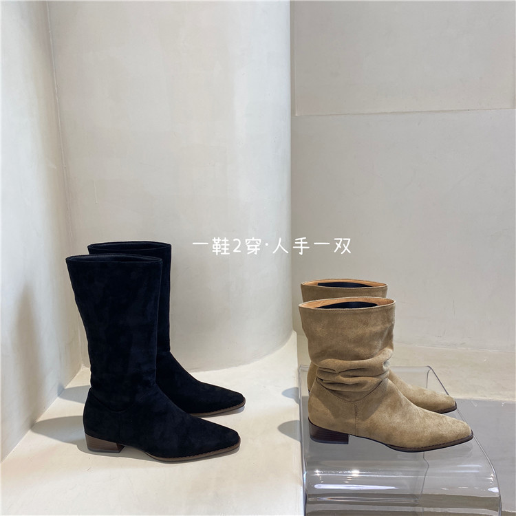 网红褶皱堆堆靴复古尖头粗跟短靴西部牛仔靴套筒骑士靴女夏新款|undefined