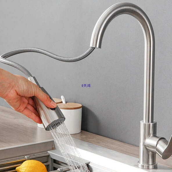 Pull-Out Faucet Kitchen Hot and Cold Stainless Steel Sink Sink Double Outlet Telescopic Rotatable Faucet