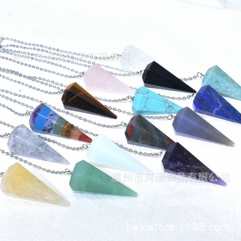 源头厂家大号天然石水晶六角柱锥形灵摆吊坠项链原石切面水晶项饰