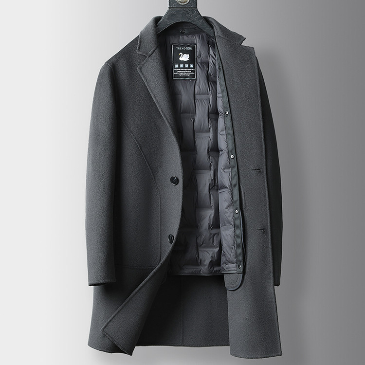 Tommy Lamon pure wool coat for men, mid-length, winter style, with detachable goose down lining, suit collar, woolen overcoat