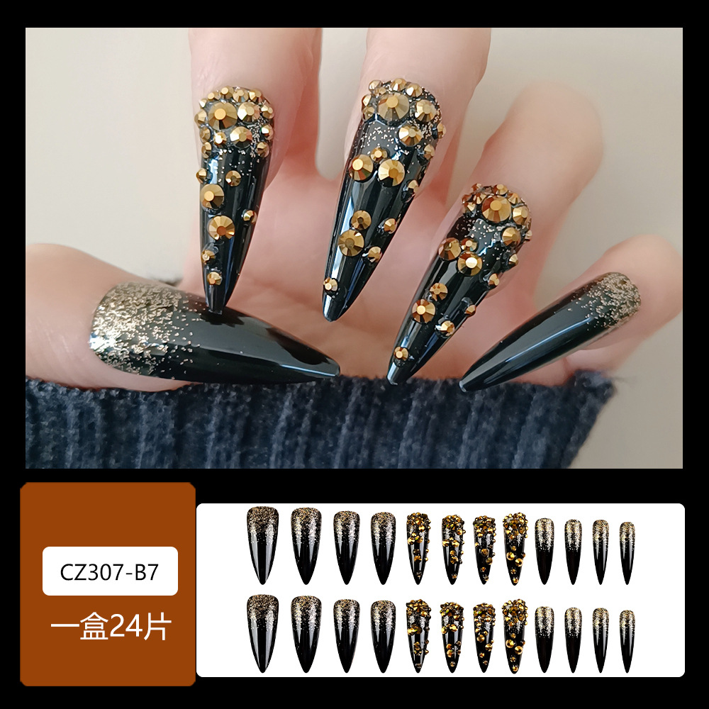 Transfronterizo pila perforada explosión brillante oro negro desgaste de uñas Y2K 24 piezas de manicuras blanqueantes comerciales comerciales comerciales más vendidos parches de uñas suministro directo