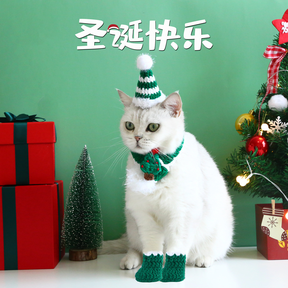 Mascota gato perro Santa árbol mano gancho de lana punto bufanda del babero sombrero calcetines Zapatos combinación traje image 5