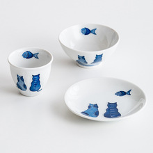 日本進口陶瓷守候盤子日式家用釉下彩貓咪飯碗瀨戶燒可愛卡通杯子