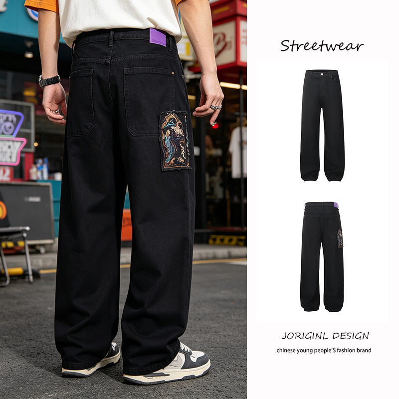 Japanese and Korean Minimalist Patchwork Black Jeans for Men, New Summer Style with Virgin Mary and Angel Embroidery, Stylish Straight-Leg Pants