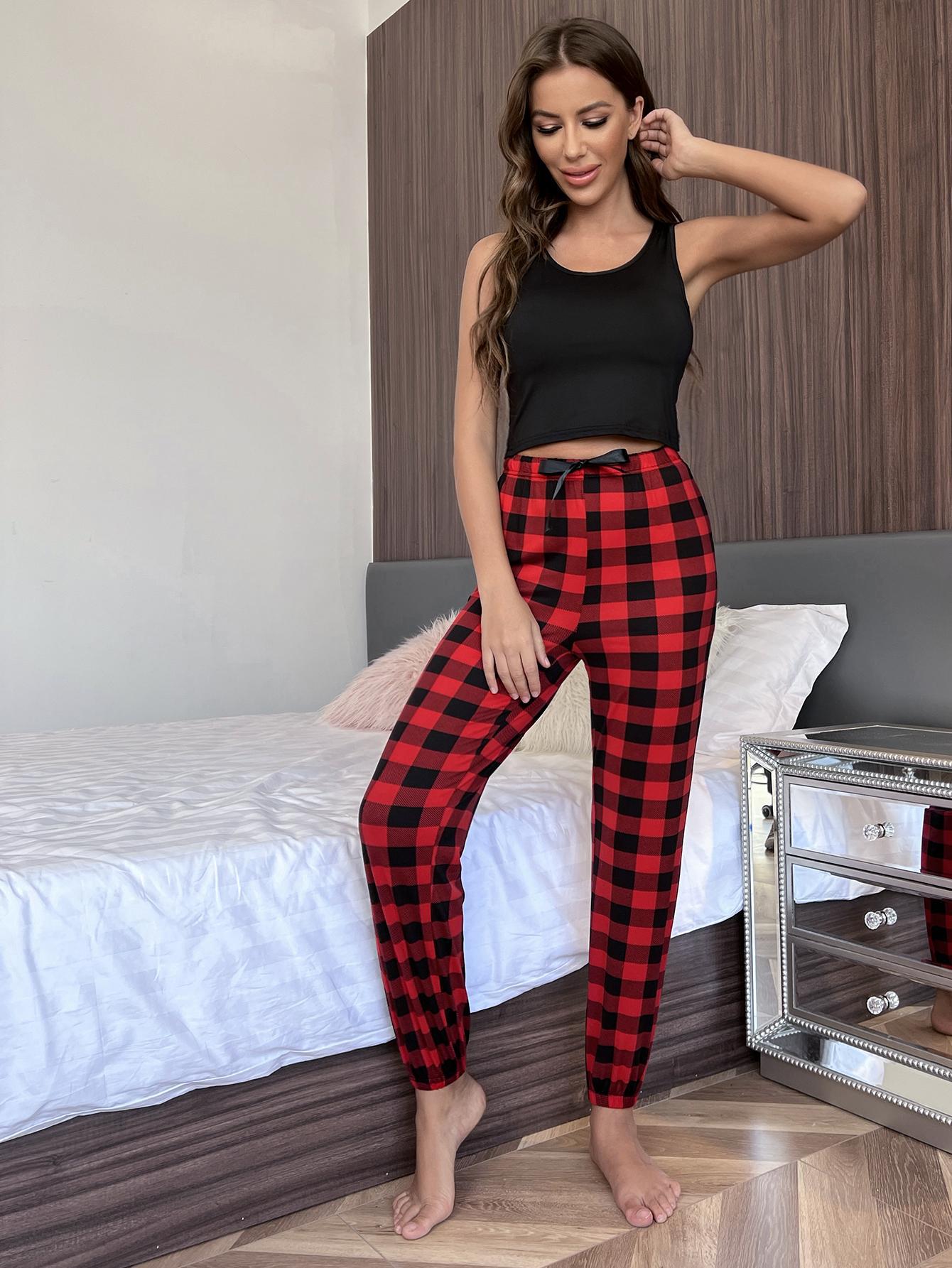 sleeveless round neck high waist plaid vest and trouser Loungewear-Can be worn outside NSWFC130808