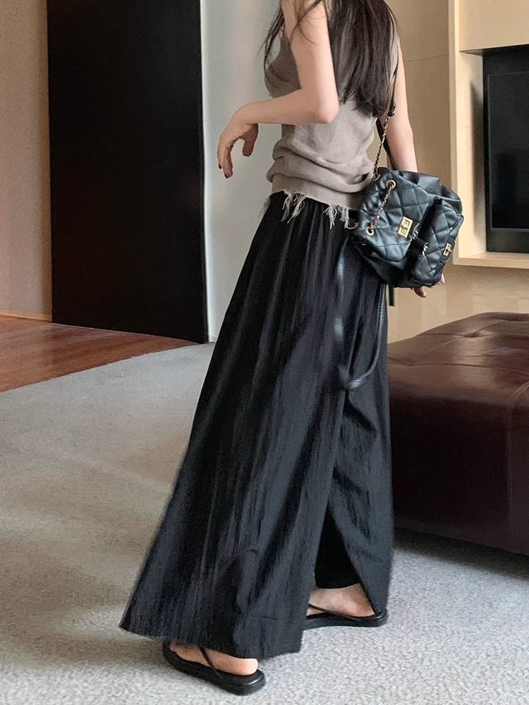 Textured casual trousers for women new retro high waist slim design solid color wide leg skirt pants_voghion.com