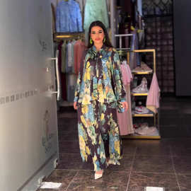 欧美跨境女装2026春夏新品仿真丝印花气质围巾领宽松雪纺衫压折裤