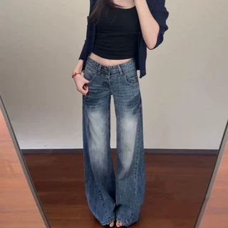 宽松美式辣妹大码微喇牛仔裤女2025年秋季低腰显瘦高级直筒喇叭裤