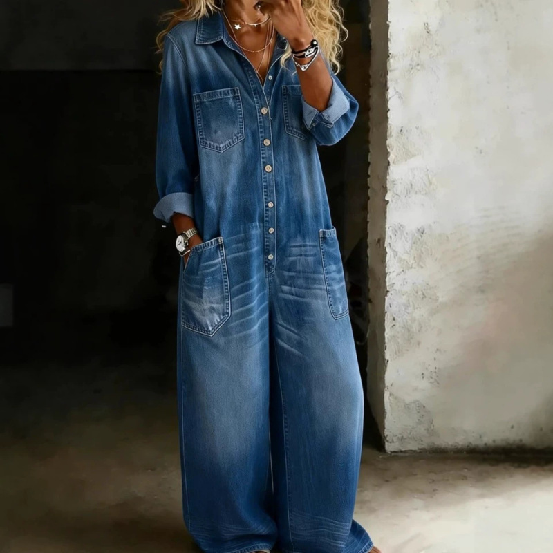 European and American Denim Jumpsuit Fashion Set Casual Style Lapel Top Overalls Jumpsuit Cross-Border Amazon Women's Clothing