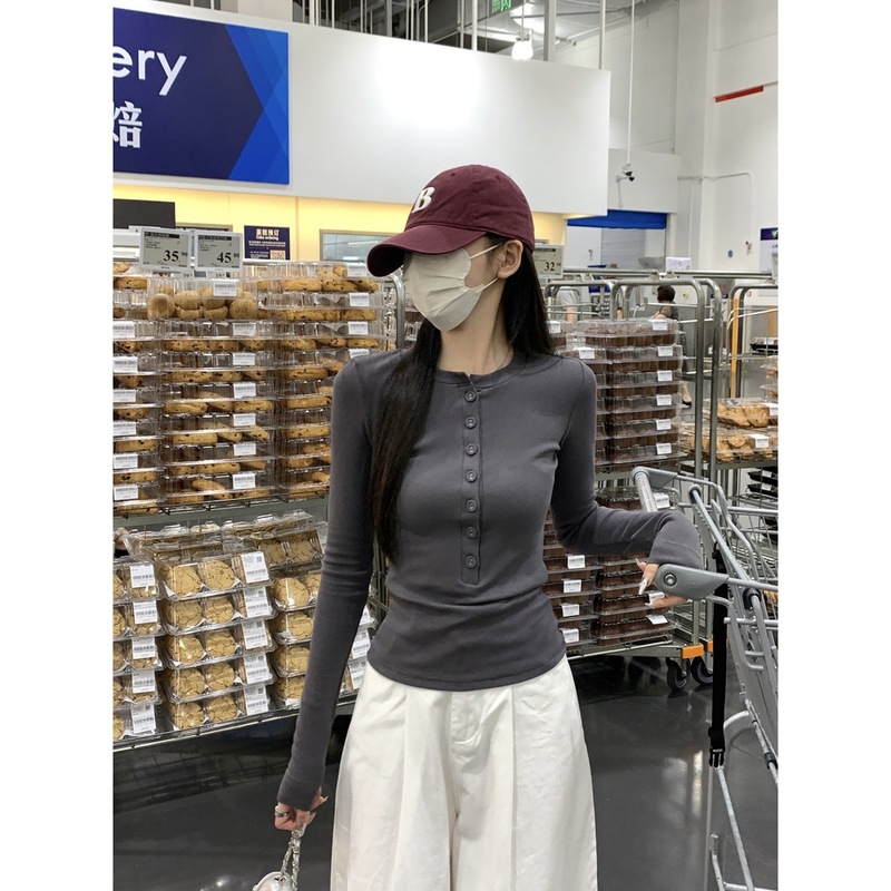 实拍早秋韩版设计感单排扣圆领修身显瘦通勤百搭长袖T恤上衣88350|undefined