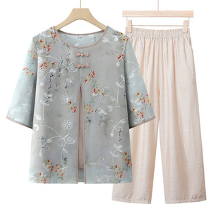 Mother's Summer Dress Seven-sleeve Middle-aged and Elderly Women's Summer suit Grandma's Dress Old Lady's Mid-sleeve Two-piece suit