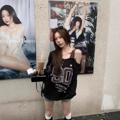美式斜露肩肌理感长袖t恤女秋季宽松显瘦辣妹豹纹贴布刺绣上衣潮