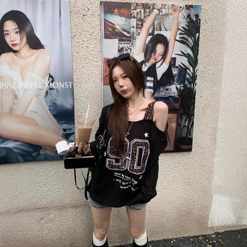 American-Style Off-Shoulder Textured Long-Sleeve T-Shirt for Women, Autumn Loose Slimming Hot Girl Leopard Print Patch Embroidery Top Trendy