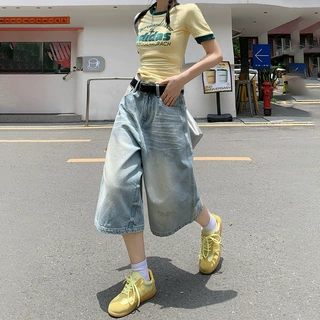 狸舍#美式复古水洗做旧宽松阔腿裤高腰百搭潮ins直筒破洞裤牛仔裤