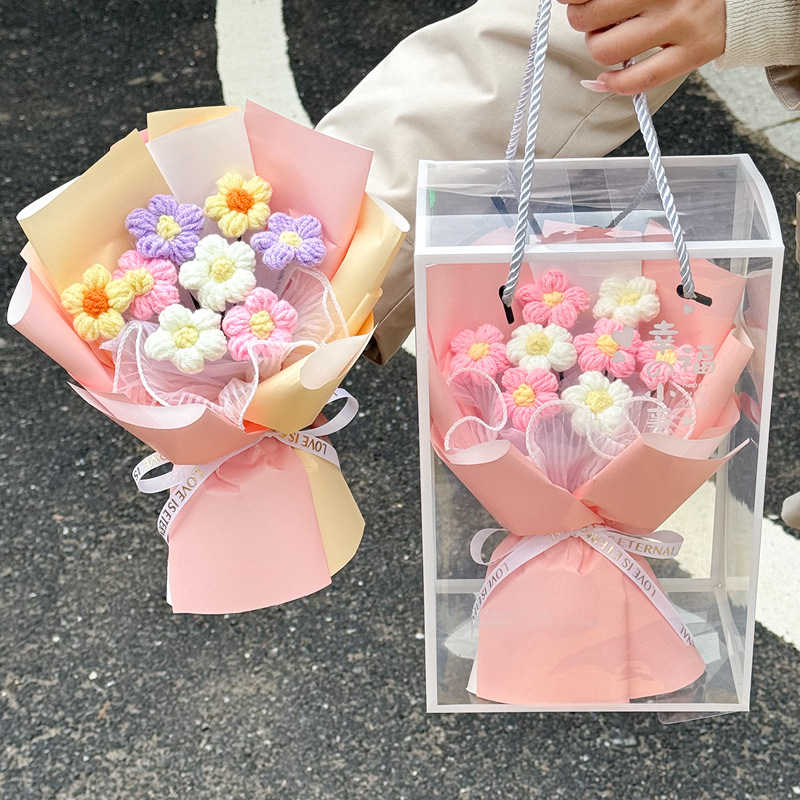 Regalos del día de San Valentín ganchido a mano flor de imitación puff lana ganchido ramo caja de regalo de enfermería para enviar al personal de novia