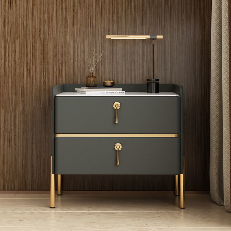 Nordic solid wood light luxury cabinet, minimalist modern household bedroom quartz stone bed side cabinet, soft material headboard cabinet, whole set