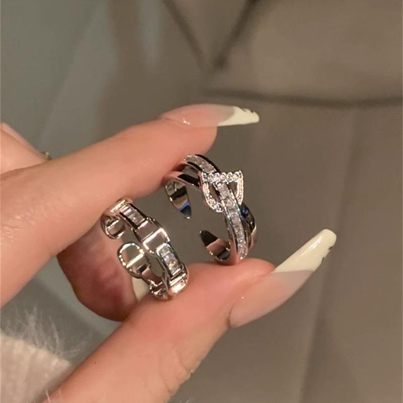 超閃鋯石戒指女開口可調節組合小眾設計高級感網紅風時尚百搭新款