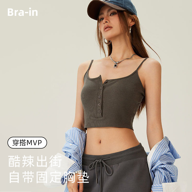 Hennie Lou Summer Thread Button Belt Chest Pad Sexy Hot Girl Camisole Women's Short All-match Outer Wear Beautiful Back