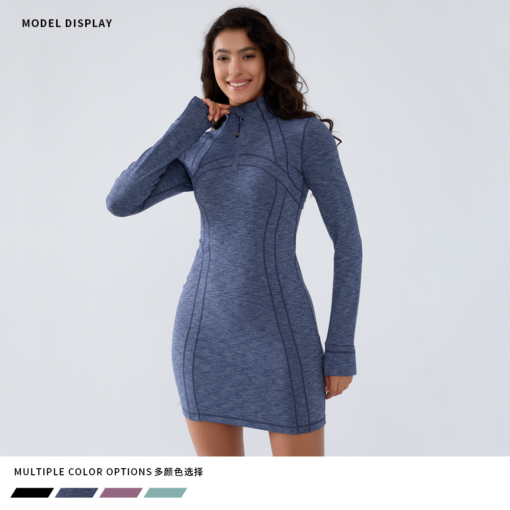 Autumn and Winter Yoga Wear Long-Sleeved Hip-Hugging Dress Stand-Up Collar Zipper Women's High-Elastic Slim Long Skirt Casual Versatile Sports Skirt