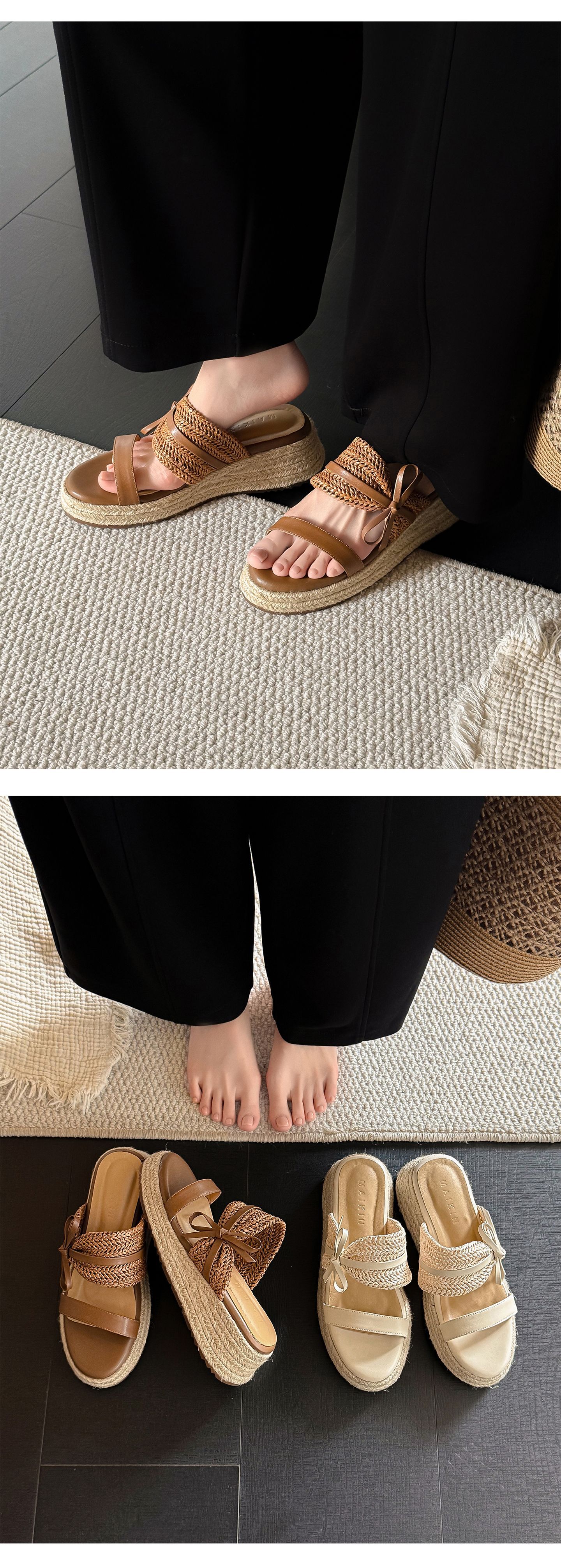 Dép sandal xỏ ngón nữ đế đan rơm cao gót nơ bướm — màu nâu, màu trắng ngà chi tiết 11