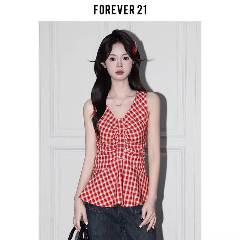 Forever21 Sweet and Unique Red Plaid V-Neck Waist-Cinching Tank Top for Women, Summer Vacation Style Sleeveless Camisole Top Forever21 Sweet and Unique Red Plaid V-Neck Waist-Cinching Tank Top for Women, Summer Vacation Style Sleeveless Camisole Top