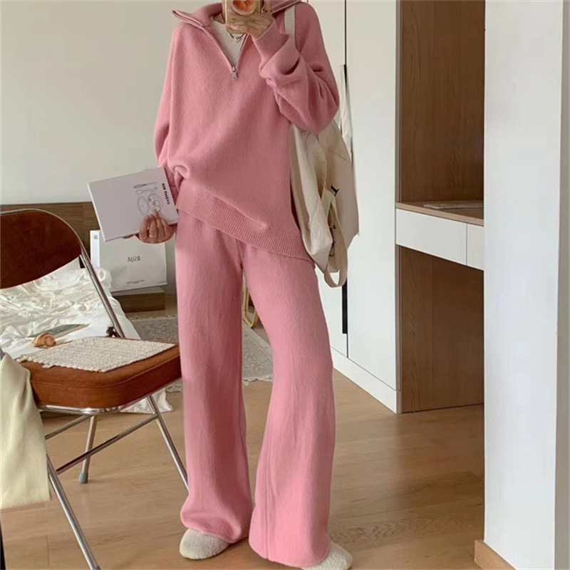Women’s Korean Style Knit Sweater & Wide Leg Pants Set – Lapel Half-Zip Lounge Suit (One Size, 6 Colors)_voghion.com