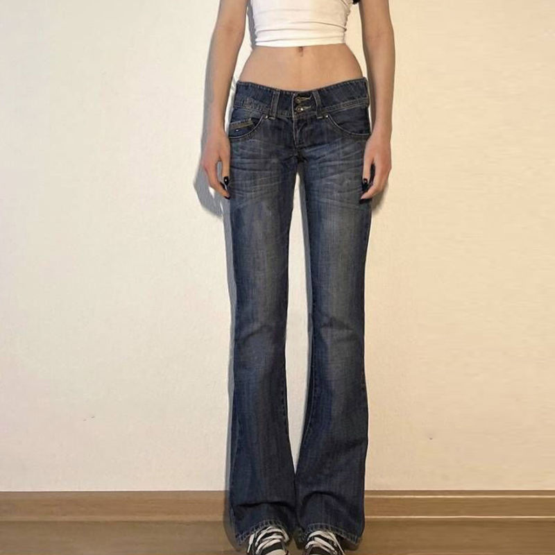 Korean-Style Hip-Enhancing Pants ~ American Retro Spicy Girl Low-Waist Denim Flared Pants for Women with a Sophisticated Floor-Length Design