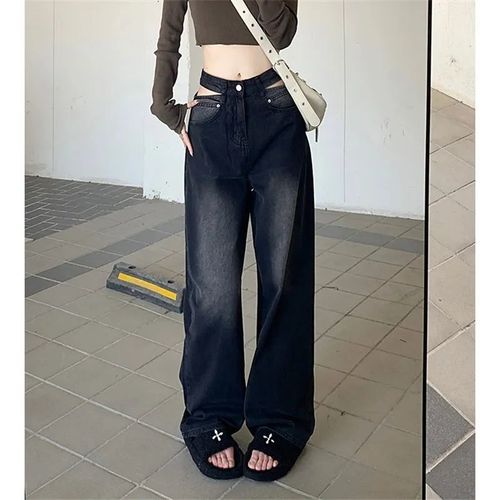 Wide-leg jeans for women, petite size, suitable for spring and autumn, trendy and stylish, high-waisted design, slimming and versatile, floor-length pants.