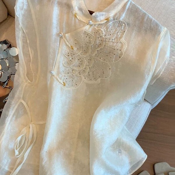 New Chinese-Style Heavy Embroidery Sequin Shirt for Women, Summer New Model, Gentle and Unique, Exquisite Blouse, National Style Sleeveless Top