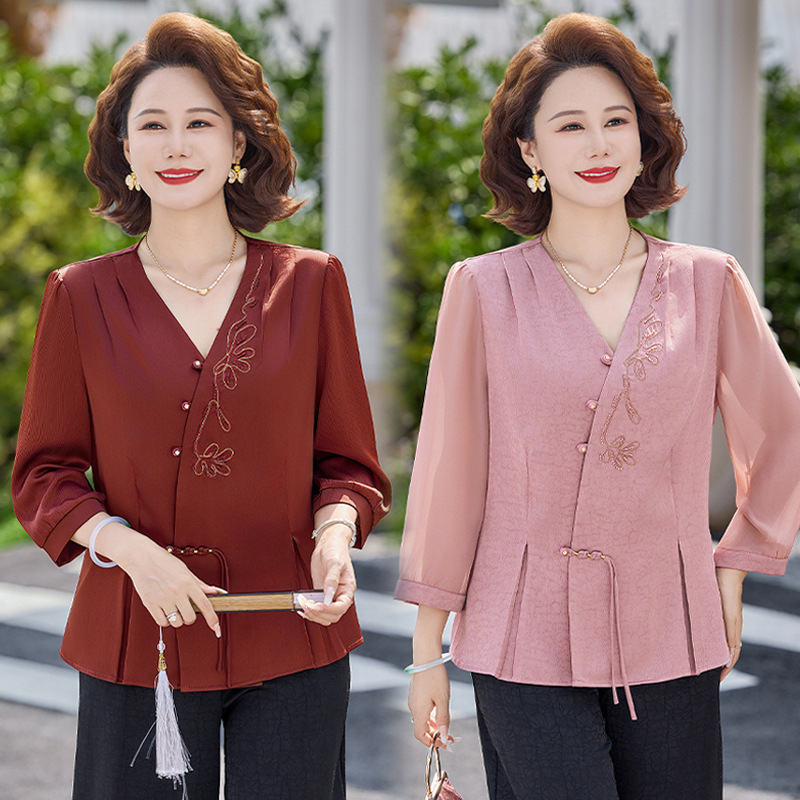 New Chinese-Style Summer Outfit for Mothers, Wedding Banquet Attire for Mother-In-Law, Traditional Chinese Shirt, Large Size Summer Tops for Middle-Aged and Elderly Women New Chinese-Style Summer Outfit for Mothers, Wedding Banquet Attire for Mother-In-Law, Traditional Chinese Shirt, Large Size Summer Tops for Middle-Aged and Elderly Women