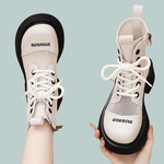 2024春夏新款百搭高帮气质粗跟圆头马丁靴网面透气时尚洞洞单鞋女