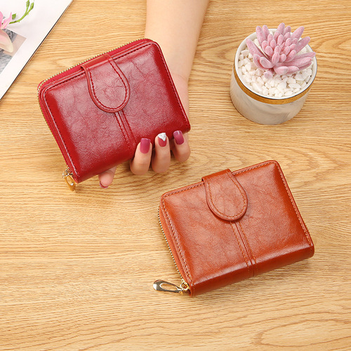  New Women's Short Card Holder Student Cute Small Fresh Zipper Hand-held Soft Leather Wallet Two-fold Coin Purse