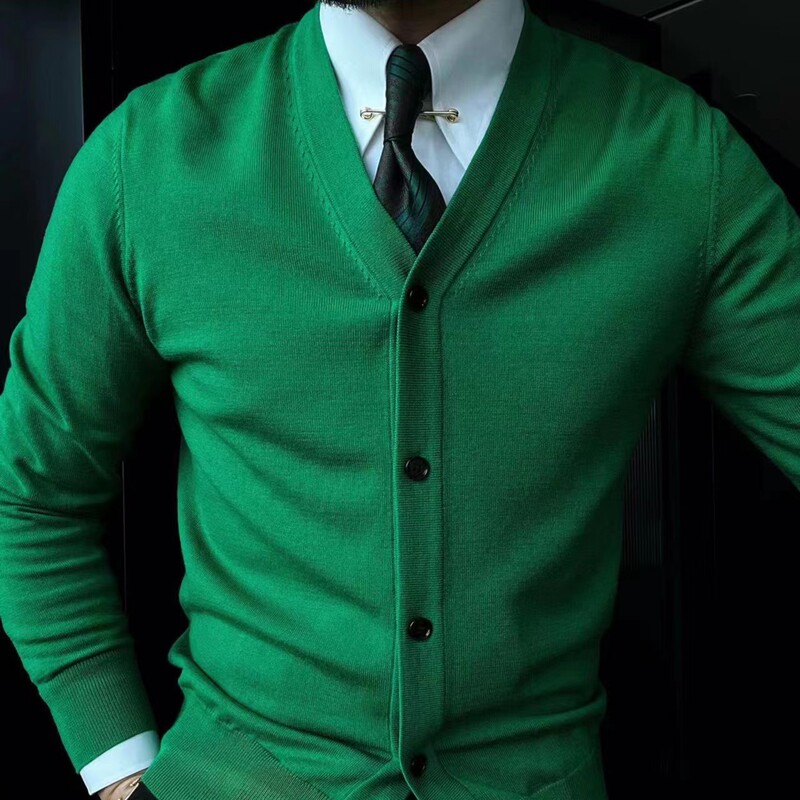 Men's Knitted Jacket Spring & Fall V Neck Long-Sleeved Sweater Simple Pure Color Casual Cardigan British Fashion Outerwear Versatile